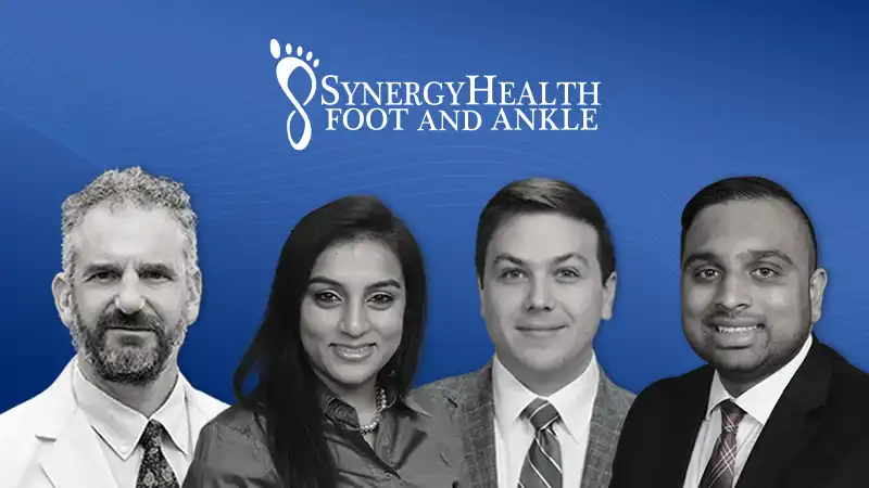 Professional headshot collage of all the doctors with Synergy Health Foot and Ankle Logo